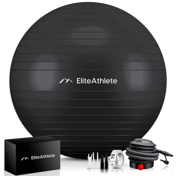 EliteAthlete® Gymnastikball Sitzball Büro ergonomisch mit Anti Burst System - Fitness Yoga Pilates Schwangerschaft - Schwangerschaftsball Fitnessball Yogaball - Yoga Ball inkl. Luftpumpe - Black 55cm