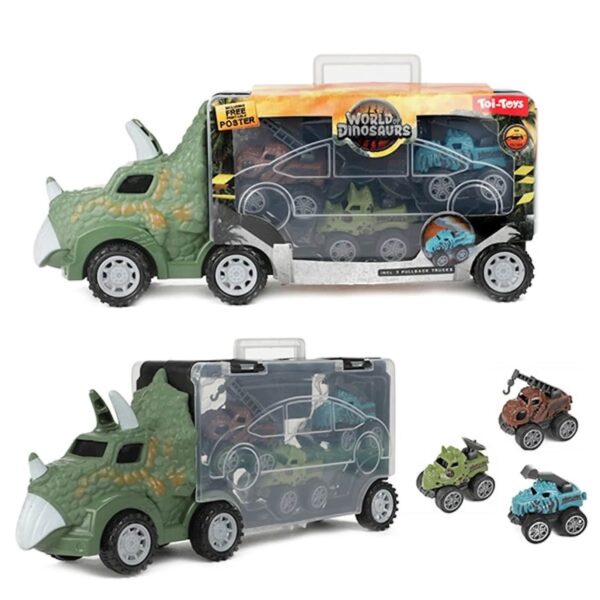 Toi-Toys - WORLD OF DINOSAURS - Dinotruck mit 3 Rückzugautos Dinosaurier Pullback Trucks