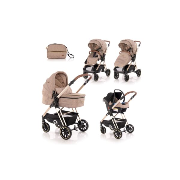 Lorelli Kombikinderwagen Angel 3 in 1 Gummiräder Autositz Babywanne Sportsitz  beige