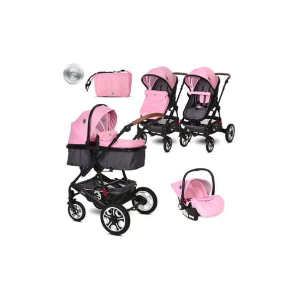 Lorelli Kombikinderwagen Lora 3 in 1 Autositz Tragetasche Sportsitz Fußabdeckung rosa pink