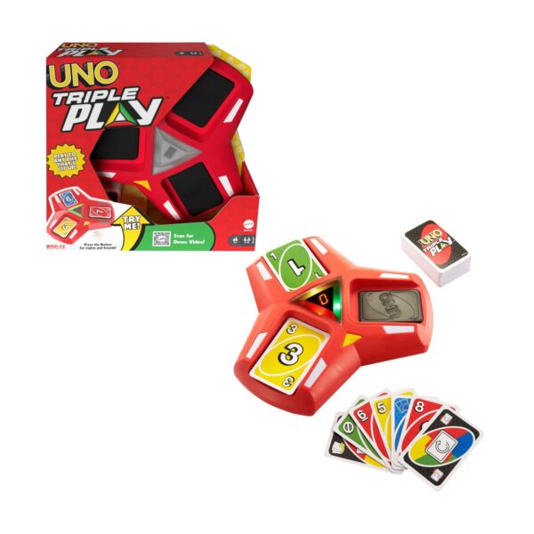 Mattel Games UNO Triple Play Kartenspiel Gesellschaftsspiel Spiel Kartenhalter