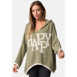 PM SELECTED Damen Warmer Strickpullover Pullover mit Happy Schriftzug und Kapuze in Einheitsgröße PM77