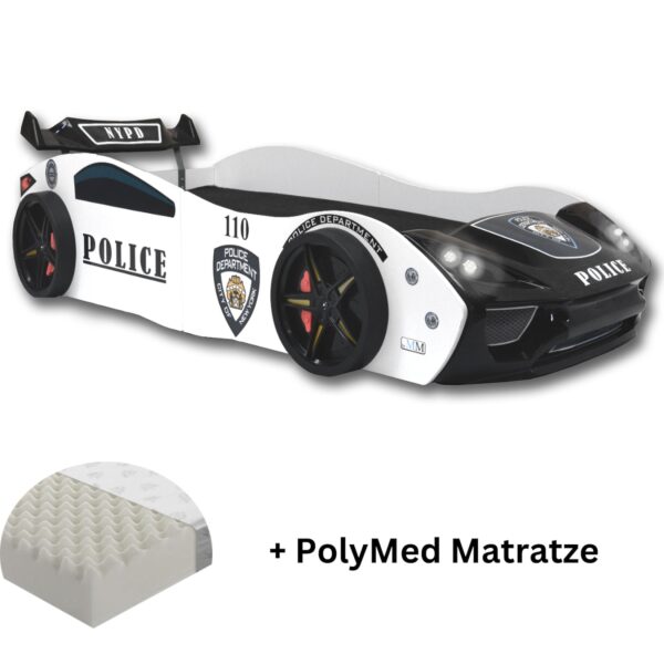 Autobett "Police" Spielbett für Kinder 90x200 inkl. Lattenrost und PolyMed Matratze